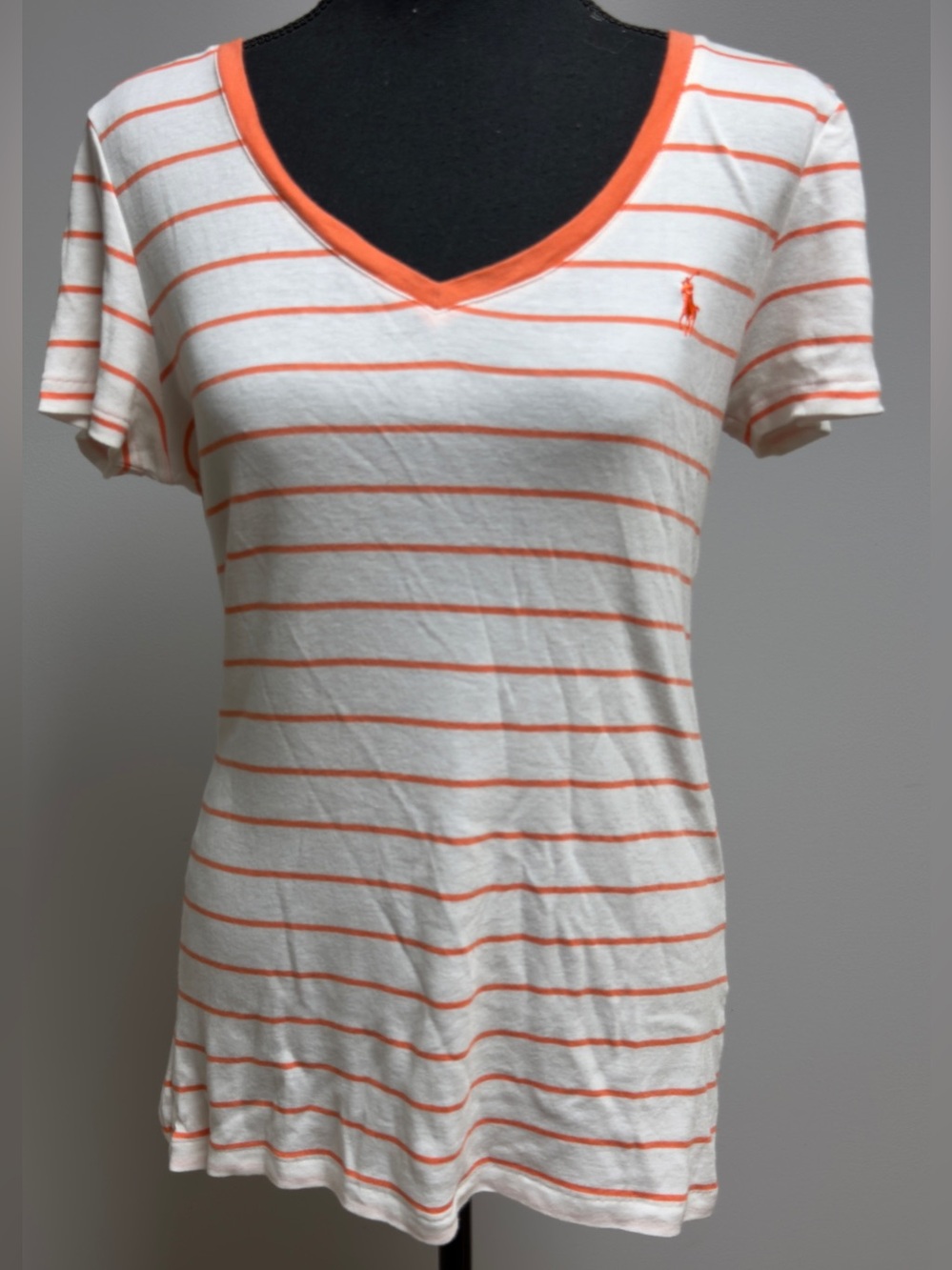 Ralph Lauren Sport Women's L Striped V-Neck T-Shirt Orange White Pima Cotton